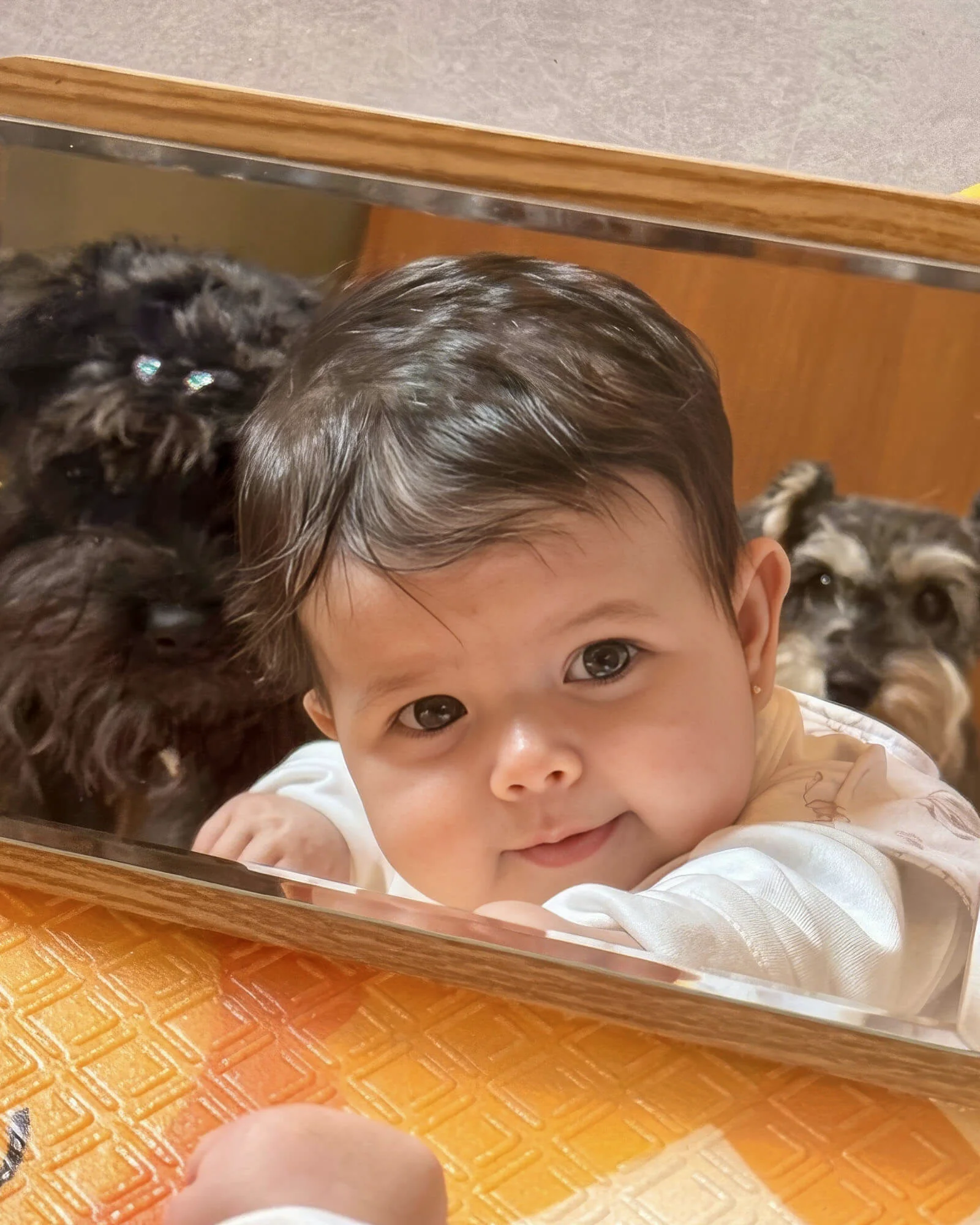 Elis bebê espiando por cima de um móvel